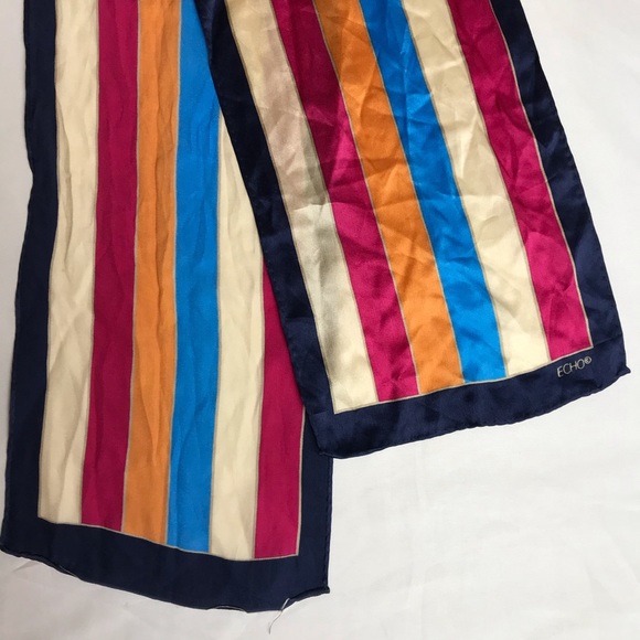 ECHO bold striped vintage silk scarf l Long shoulder wrap - Picture 4 of 7